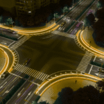 Aerial view of a busy intersection at night