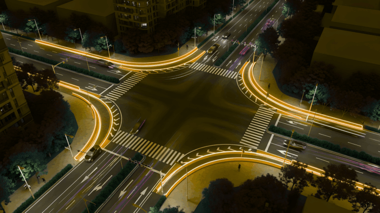 Aerial view of a busy intersection at night