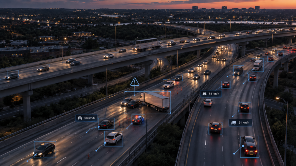 Aerial view of highway traffic analyzed by Intellisection Flow