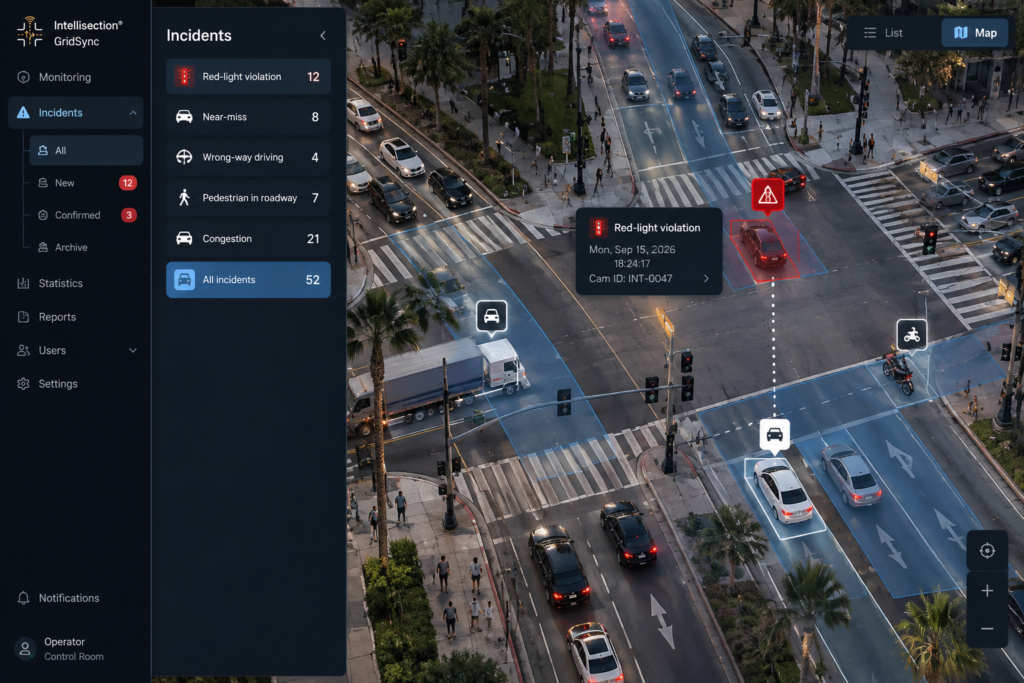 Intellisection GridSync intersection view with detected vehicles