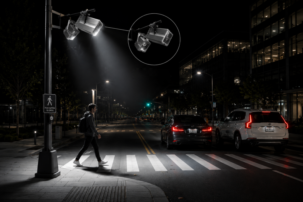 SecurOS Soffit illuminating a pedestrian at a crosswalk at night
